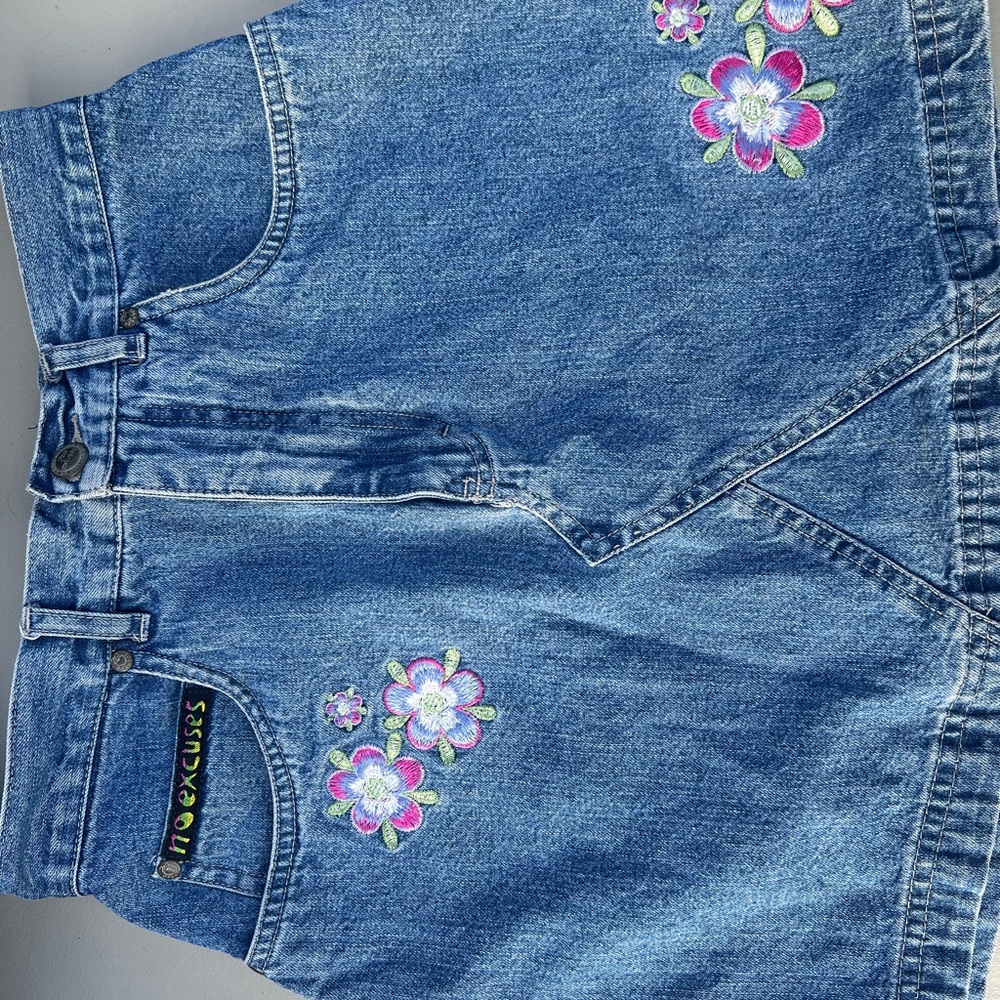 Blue Denim Mini Skirt with Floral Embroidery